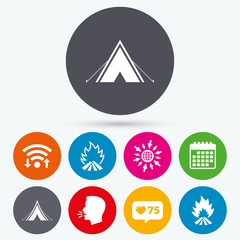 Tourist camping tent signs. Fire flame icons.