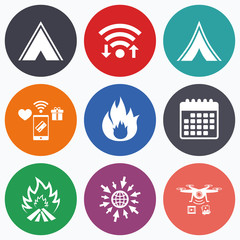 Tourist camping tent signs. Fire flame icons.