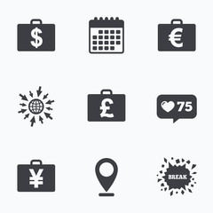 Businessman case signs. Cash money icons.