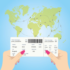 Women's hands are holding a boarding pass - obrazy, fototapety, plakaty