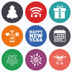 Happy new year sign. Christmas tree and gift box