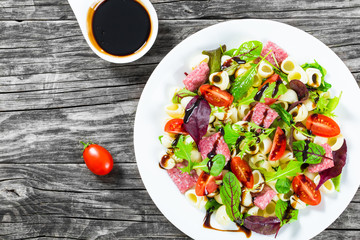 shell pasta delicious salad with mixed lettuce leaves, salami on the white dish with nuts, honey and sesame seeds sauce, closeup