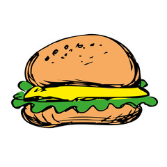 cheeseburger with onion lettuce and sauces in bun. hamburger