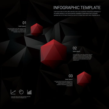Abstract diamond 3d polygon symbol on black low poly vector background. Business infographics template with finance elements, graphs and charts