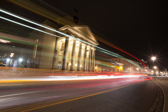 theater detmold germany in the evening with traffic lights