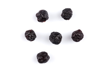 Dried blueberries on white background