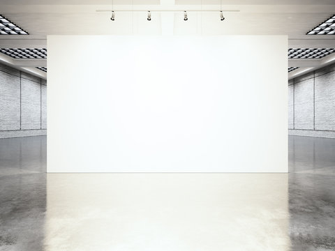 Picture exposition modern gallery,open space.Blank white empty canvas contemporary industrial place.Simply interior loft style with concrete floor,bricks walls.Place for business information.3d Render