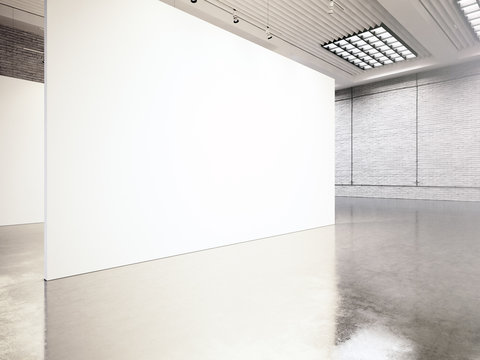 Photo exposition modern gallery,open space. Blank white empty canvas contemporary industrial place.Simply interior loft style with concrete floor,bricks walls.Place for business info. 3d Render