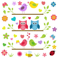 Vector set of spring theme. Spring trees, flowers, butterflies, ladybugs, love owls and other birds
