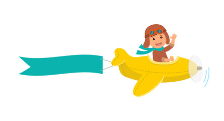 Cute boy pilot flies on a yellow plane in the sky. Air adventure. Isolated cartoon vector illustration © aurora72