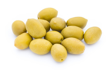 Olives on leaves isolated on white.