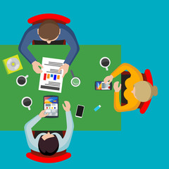 Work with a startup. Flat people's top view. Searching ideas. Flat phones, tablets and infographics