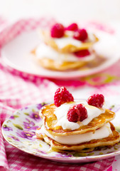 pancakes with sour cream and raspberry