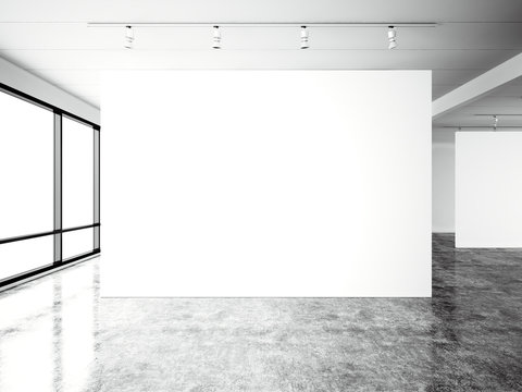 Picture exposition modern gallery,open space.Blank white empty canvas contemporary industrial place.Simply interior loft style with concrete floor,panoramic windows. Black and white.3d Render