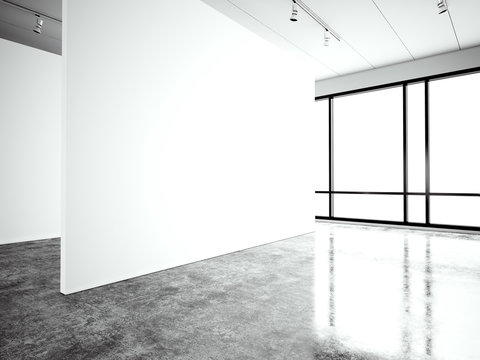 Photo exposition modern gallery,open space. Blank white empty canvas contemporary industrial place.Simply interior loft style with concrete floor,panoramic windows. Black, white. 3d Render