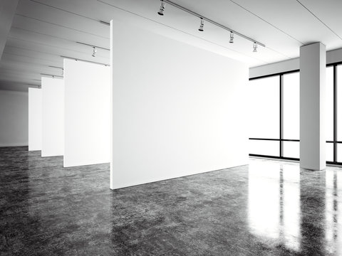 Photo exposition modern gallery,open space. Blank white empty canvas contemporary industrial place.Simply interior loft style with concrete floor,panoramic windows. Black,white. 3d Render