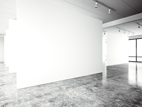 Exposition modern gallery,open space. Blank white empty canvas contemporary industrial place.Simply interior loft style with concrete floor,panoramic windows. Black, white. 3d Render
