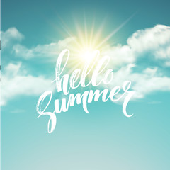 Heloo Summer brush lettering on the cloud background. Vector illustration