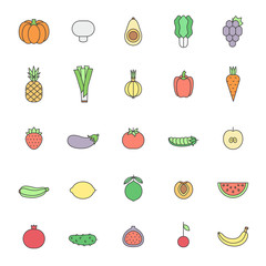 Fruit and vegetable multicolored outline vector set. Modern minimalistic design.