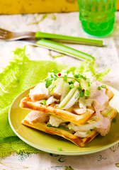 cheese waffle with chicken and  green salad