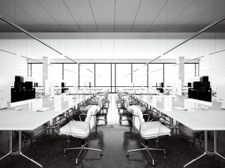 Inrerior modern workspace loft with panoramic windows.Generic design computers and generic white furniture in contemporary conference room meeting.Open space office for coworking.Horizontal. 3D render
