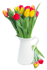 bouquet of  yellow, purple and red  tulips
