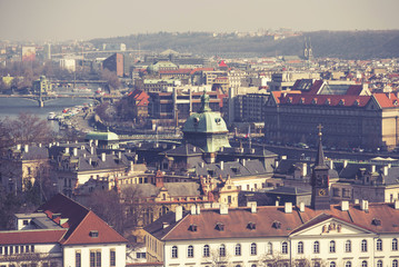 Fototapeta na wymiar aerial view of the Old Town and Vltava river in Prague, Czech Republic, vintage effect