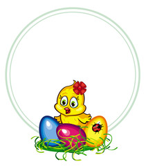 Round frame with cartoon chicken and Easter eggs