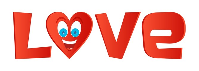 Red inscription love with heart of instead letter o with blue eyes and a big smile with teeth and tongue on a white background