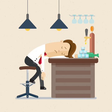 Manager or employee in a bar on Friday. Drunk man lying on a bar counter. Illustration, vector EPS 10