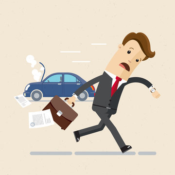 A Manager Or Businessman Is Late, Hurry, Running. Car Broke Down. Illustration, Vector EPS 10