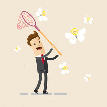 Illustration of business project, ideas. A man in a suit catches ideas with butterfly net. Vector, EPS 10