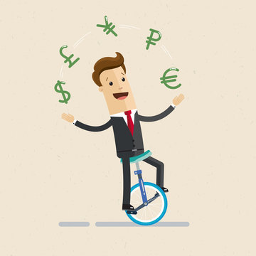recommend clip art: Manager or businessman rides a monocycle and juggles with signs of currencies. Icons of dollar, euro, ruble, yen, pound. Illustration, vector EPS 10