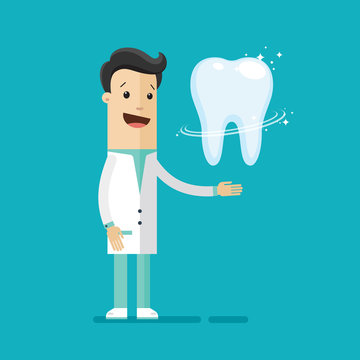 Dentist, a doctor in a blue suit, a tooth. Blue background. Illustration, vector EPS 10