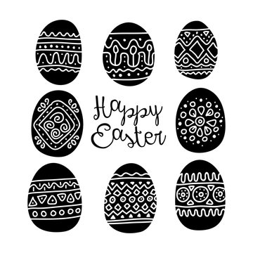 Set of Black Easter Eggs with patterns on white Background.  Greeting card templates with Easter eggs, isolated. Ornament, decor. Illustration, vector EPS 10