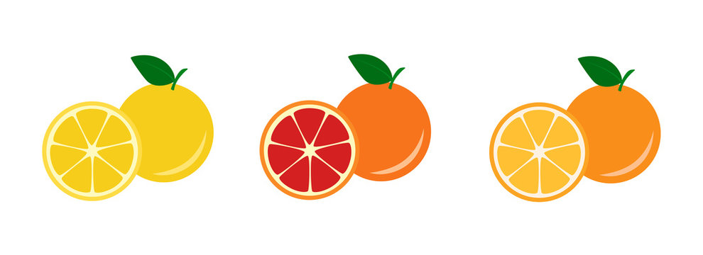 Flat icon fruit yellow grapefruit, red grapefruit and orange