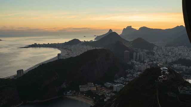 Rio de Janeiro and Copacabana Beach high angle sunset shot.