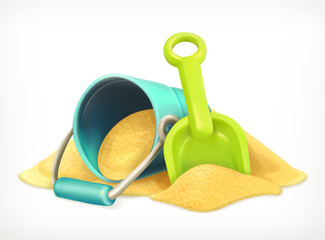 Shovel and bucket in the sand, toys vector icon