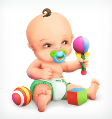 Kid with a rattle, baby with pacifier, vector icon