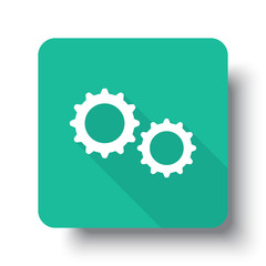 Flat white Gears web icon on green button with drop shadow