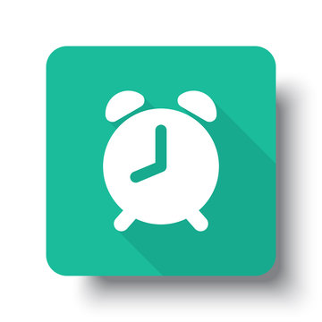 Flat white Alarm Clock web icon on green button with drop shadow