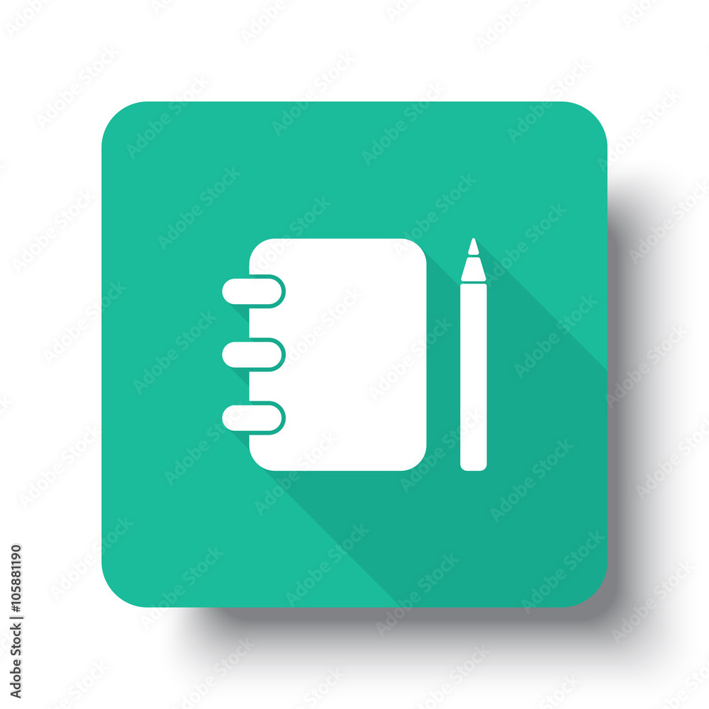Wall mural flat white note book web icon on green button with drop shadow
