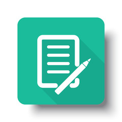 Flat white Pen And Paper web icon on green button with drop shad