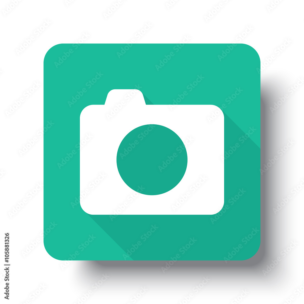 Wall mural flat white camera web icon on green button with drop shadow