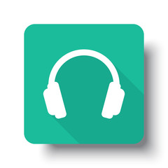 Flat white Headphones web icon on green button with drop shadow