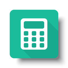 Flat white Calculator web icon on green button with drop shadow