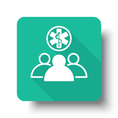 Flat white Medical Team web icon on green button with drop shado