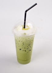 Ice green tea in plastic glass