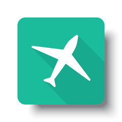 Flat white Airplane web icon on green button with drop shadow