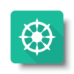 Flat white Boat Wheel web icon on green button with drop shadow